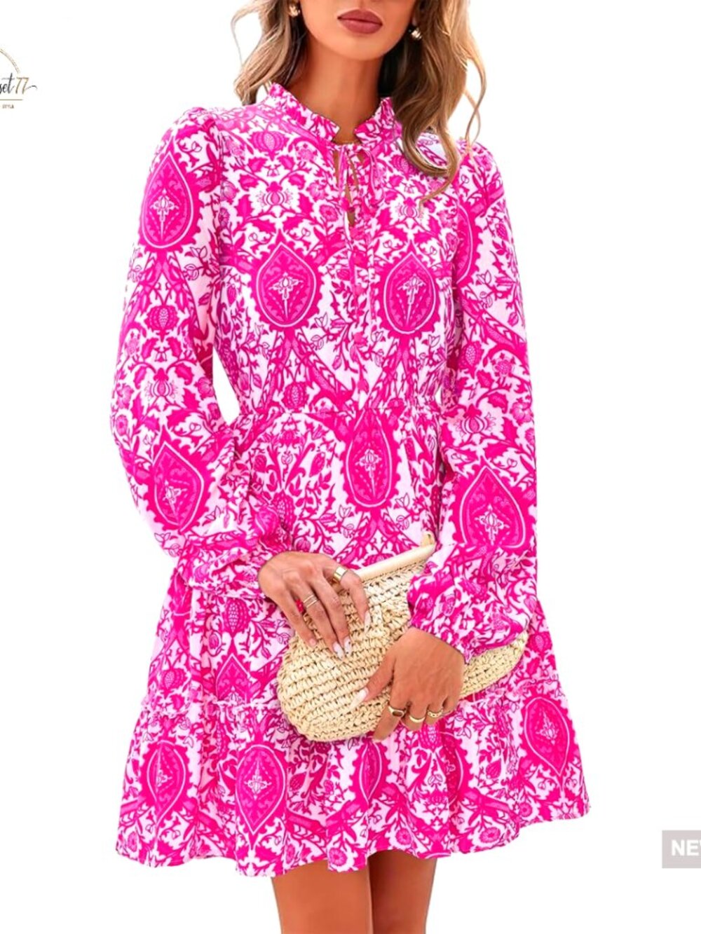Long Sleeve V-Neck A-Line Mini Dress Floral Boho Tiered Ruffle Swing - Picture 1 of 7